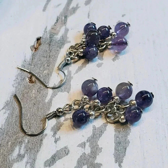 Handcrafted Amethyst Purple Gemstone Bead Dangle Silver Platinum Plated Earrings - Picture 9 of 10